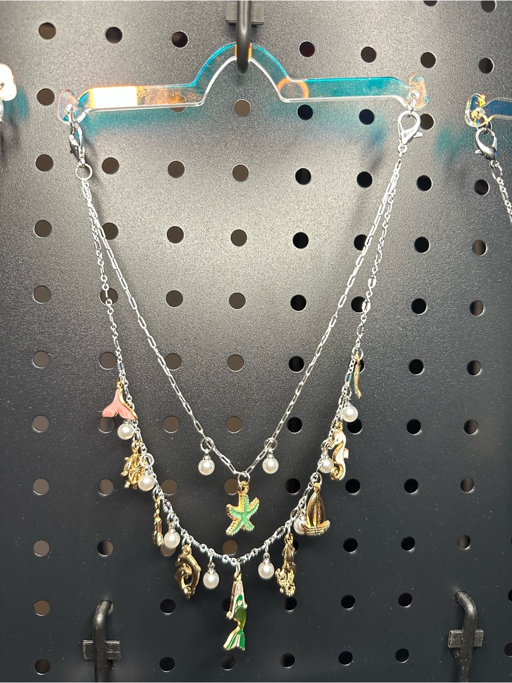 Layered Silver-Tone Beach Charm rear view mirror jewelry with Green Starfish